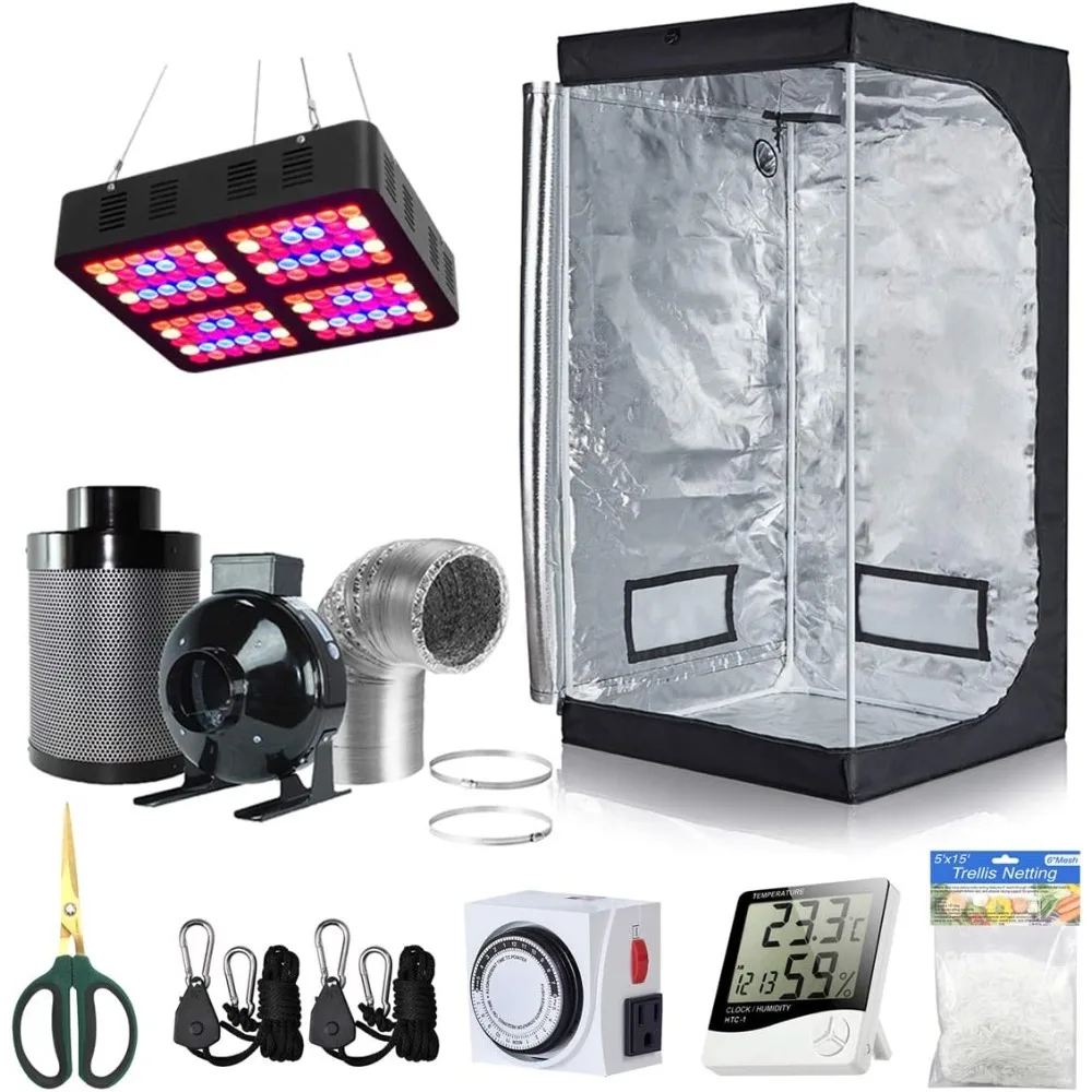 

32''x32''x63'' Grow Tent, 4'' Fan Filter Duct Combo 600W LED Light, Hygrometer, Trellis Netting , Indoor Grow Tent