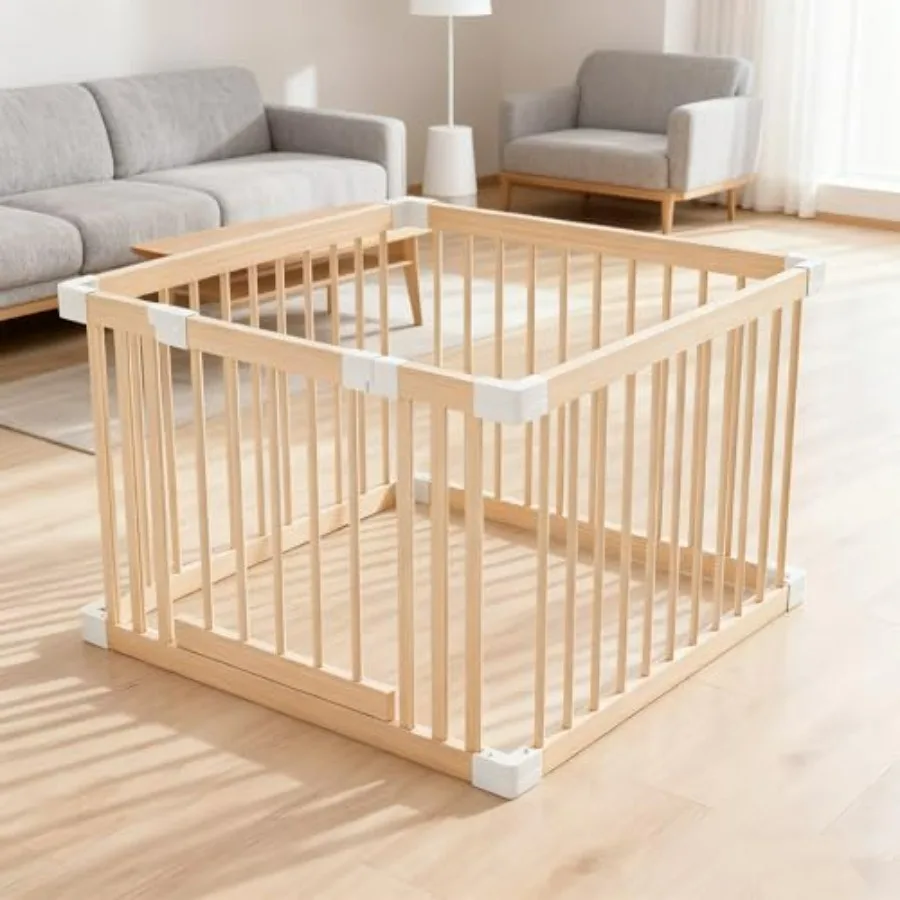 

Деревянный детский манеж с воротами для малышей 6-36 месяцев, игровой центр с защитным замком, 35.4x35.4 дюйма, безопасный заборчик