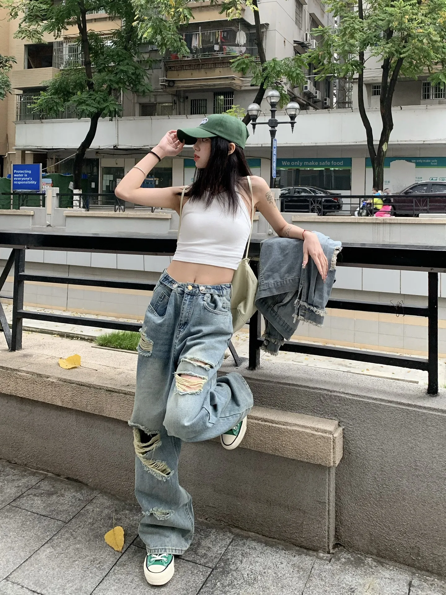 Light Wash Distressed Straight Leg Jeans Women's Spring Autumn plus Size High Waist American Retro Wide Leg Floor Length Pants
