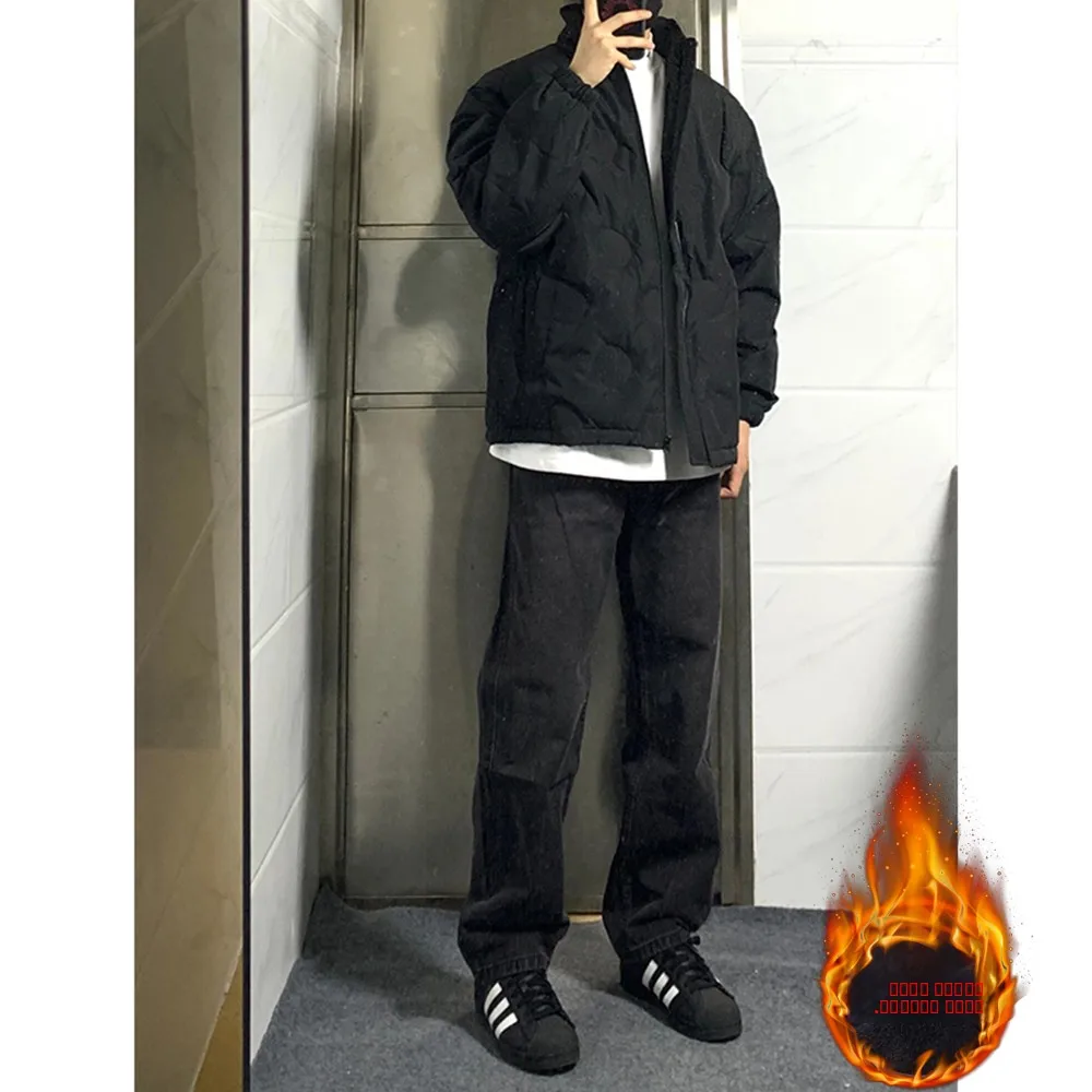

American High Street Fce Lined Straight Leg Jeans Men's Autumn Winter Sle Cleanfit Loose Fit Long Pants Trendy Narrow Ve...
