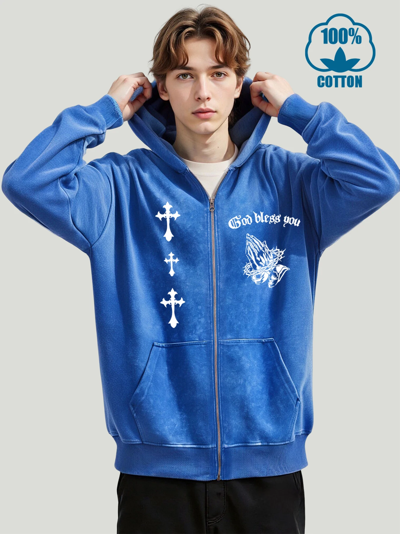 الله يباركك المطبوعة الرجال خمر غسلها قلنسوة بسحاب موضة فضفاضة هودي لينة القطن بلوزات المتضخم ملابس مريحة