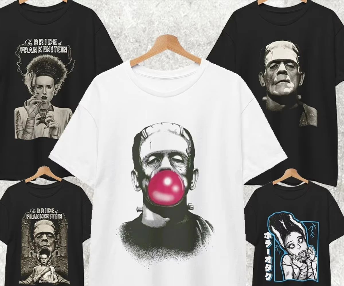 

The Bride and Frankenstein T Shirt For Halloween, Horror Monster Unisex Tee Adult Spring and Autumn New Christmas Fashion Tops
