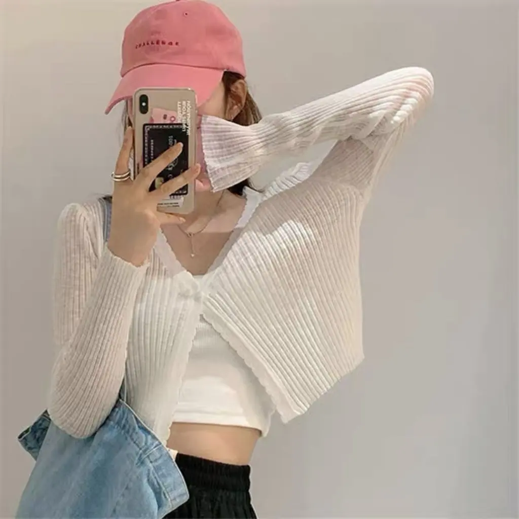 

Women's Xiaoxiang Style Knitted Cardigan Thin Spring Autumn Ice Silk Loose Sunscreen Coat Summer Short Top Long Sleeve
