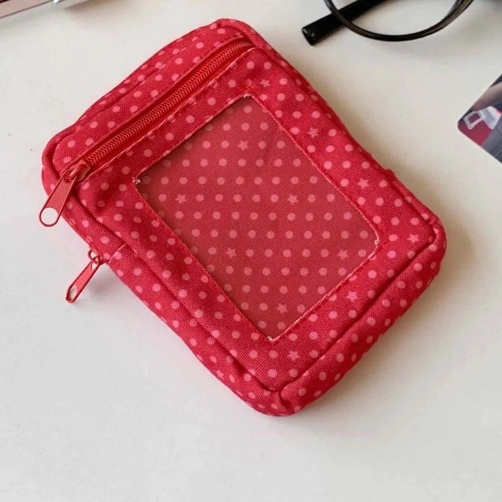 Red Polka Dot Coin Purse Retro Style Canvas Fabric Photocard Holder Lightweight Zippered Clear Window Pouch Quick Shopping