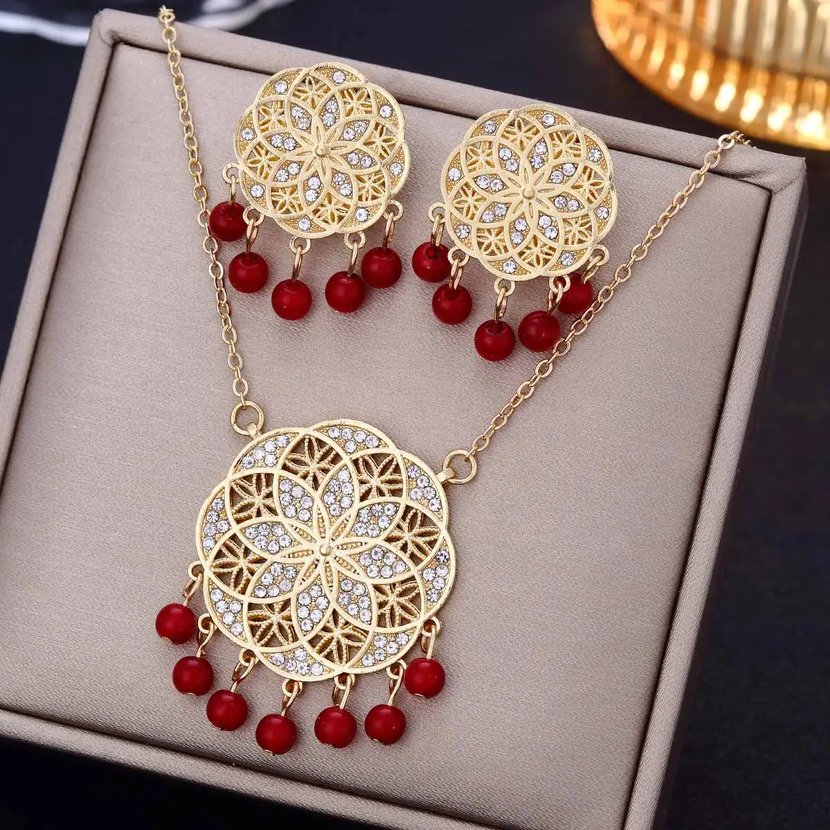 African Beads Jewelry Sets Carve Rhinestone Geometric Statement Necklace Earrings Set Classic Indian Crystal Bridal Jewelry Set