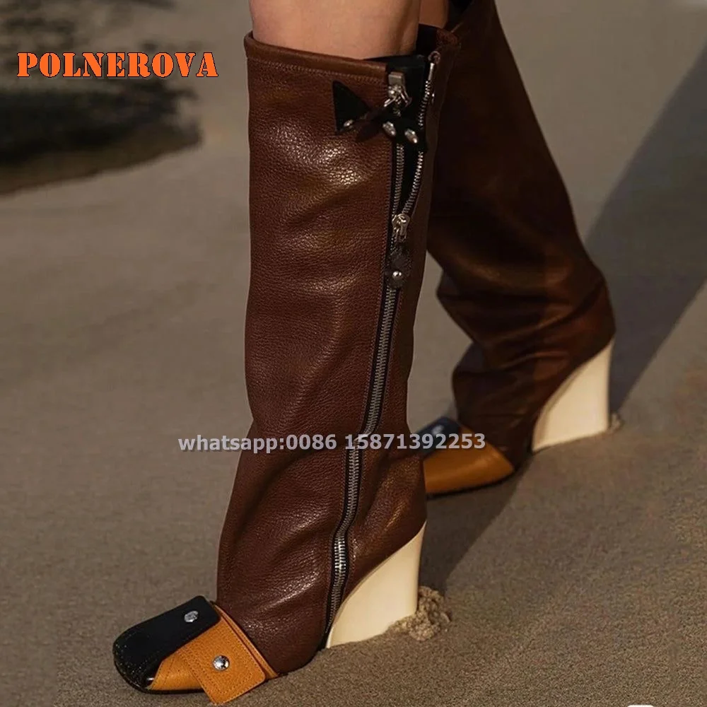 Zipper Wedges Women Motorcycle Boots Square Toe Thick Sole Color-Blocked Knee High Boots Plus Size Runway Show 2024 Newest Shoes