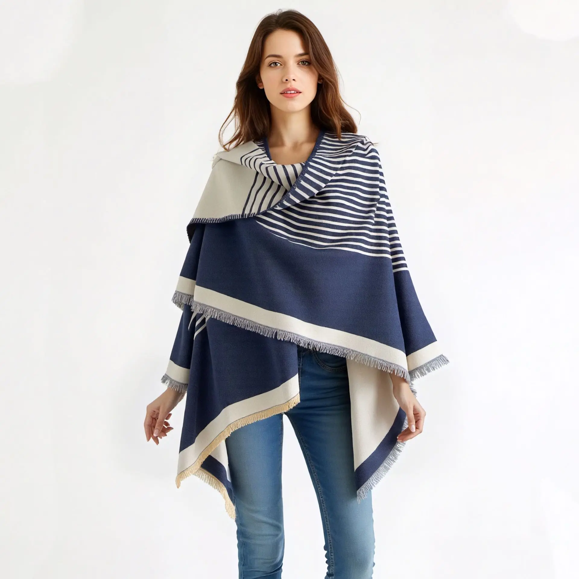 

2025 New Cloak Stripe Split Outerwear Women's Cape Warm Fake Cashmere Scarf Autumn/Winter Short Fringe Shawl Poncho