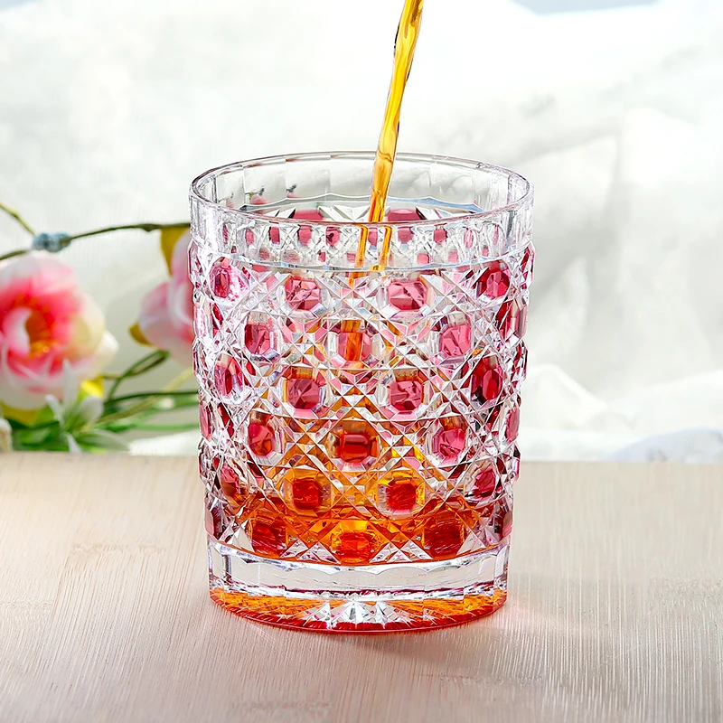 250ml Edo Kiriko Pink Glass Whisky Tumbler For Scotch Bourbon Old Fashioned Hand Cut Octagonal Basket Weave Design Rocks Glasses