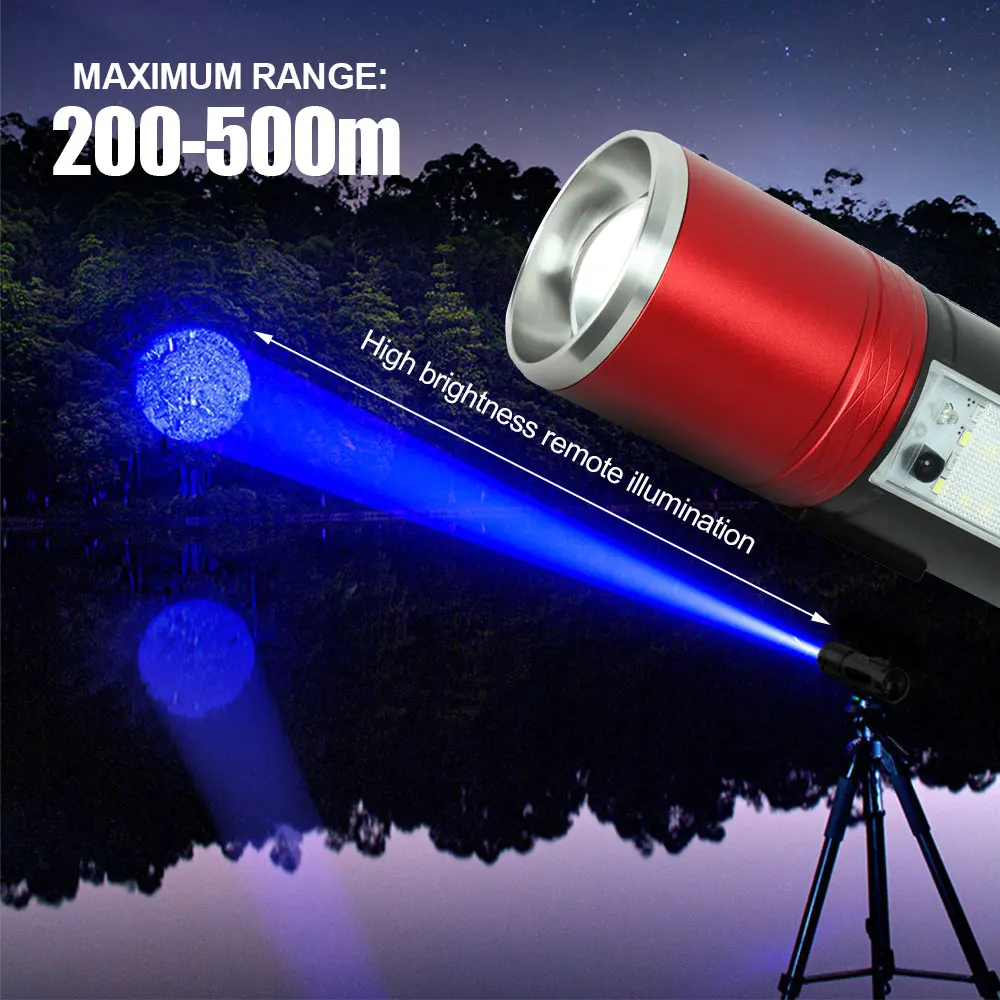 Super Bright Night Fishing Flashlight USB Rechargeable Searchlight Bait Purple Blue Handlamp 5 Light Source with Bracket