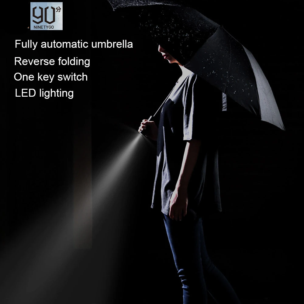 90Fun  Automatic Reverse Umbrella Men Led Luminous Windproof Folding Business Strong Umbrella Anti UV