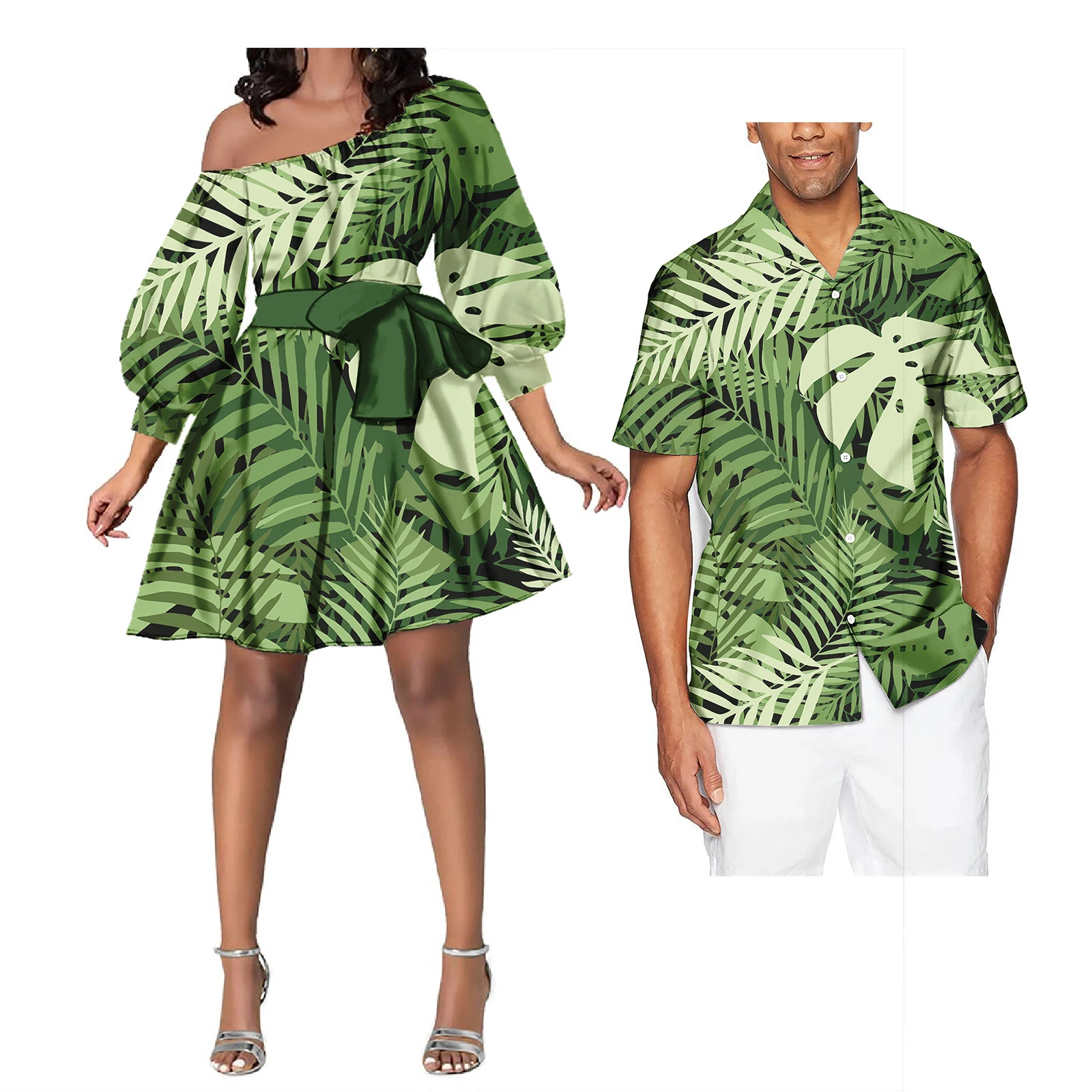 New Summer Polynesian Tribal Couple Clothes Custom Samoa Tapa Flower Printed Long Sleeve Midi Dress Match Plus Size Mens Shirt