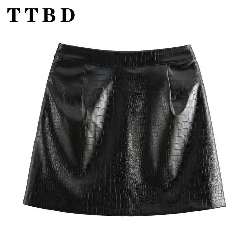 TTBD 2024 Autumn New Female Evening Party Faux Leather Mini Skirt A-lineskirt Sophisticated Woman's Bottoms Ruffles Wrap Skirt