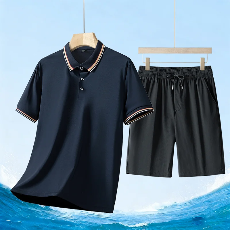 

Summer New Ice Silk POLO Shirt Men's Casual Sports Suit Middle-aged and Elderly Short-sleeved Dad Suit Ice Silk Shorts