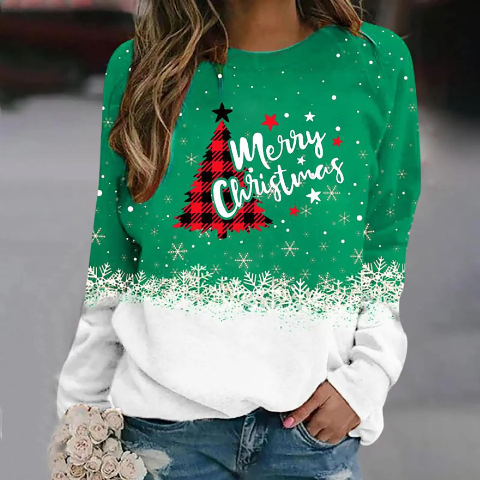 Women Sweatshirt Designer Round Neck Long Sleeve Fashion Casual 3D Gradient Snowflake Pattern Printing Christmas Party Tops