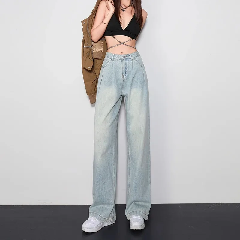 하이웨이스트 와이드 레그 블루 데님 진 여성용 초가을 2024 신상 루즈 드레이프 스트레이트 컷 플로어 길이 바지
