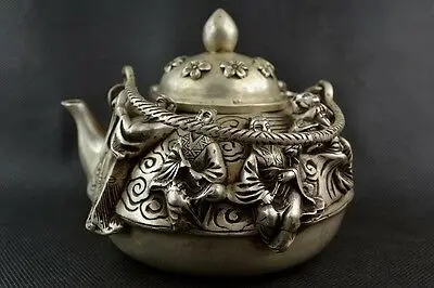 

Collectible Old Decorate Handwork Tibet Silver Carving Famous 8 Immortal Tea Pot