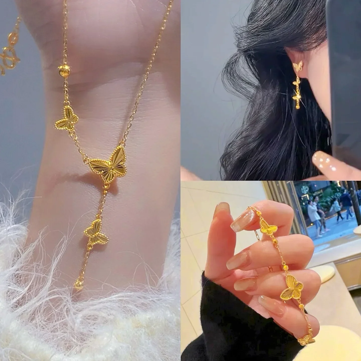 9999 Real Gold 24K Butterfly Necklace Women's Fashion Versatile Laser Butterfly Bracelet Earrings Gold Jewelry