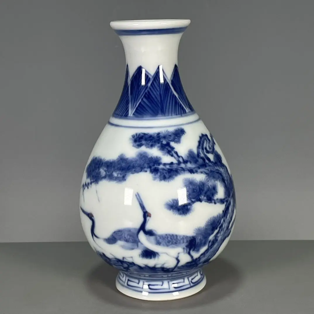 Mini Blue-and-White Shangping Decorative Freehand Underglaze Pine & Crane Longevity Auspicious Motifs