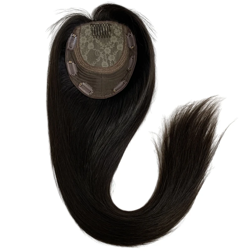 

20 inches Brazilian Virgin Human Hair #1b Natural Black Silky Straight 4x4 Silk Top 6x7 Jewish Topper for Woman