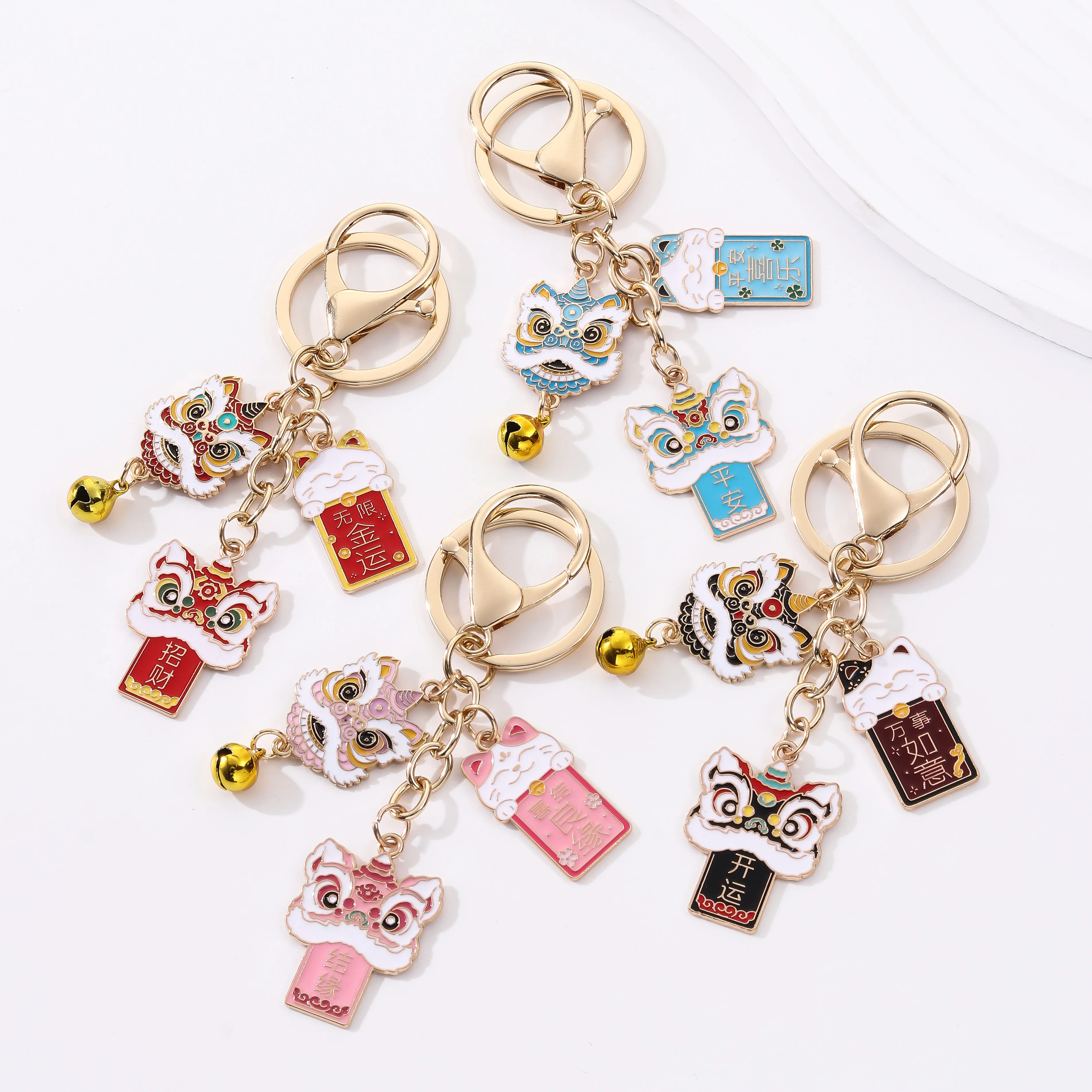 1PC China-Chic Keychain Blessing Words Awakening Lion Lucky Cat Bell Chinese Creative Bag Pendant New Year Gift