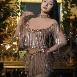 Weixiao-body transparente con flecos de lentejuelas y cristales brillantes para mujer, vestido de noche para celebración de cumpleaños, traje de espectáculo de bailarina