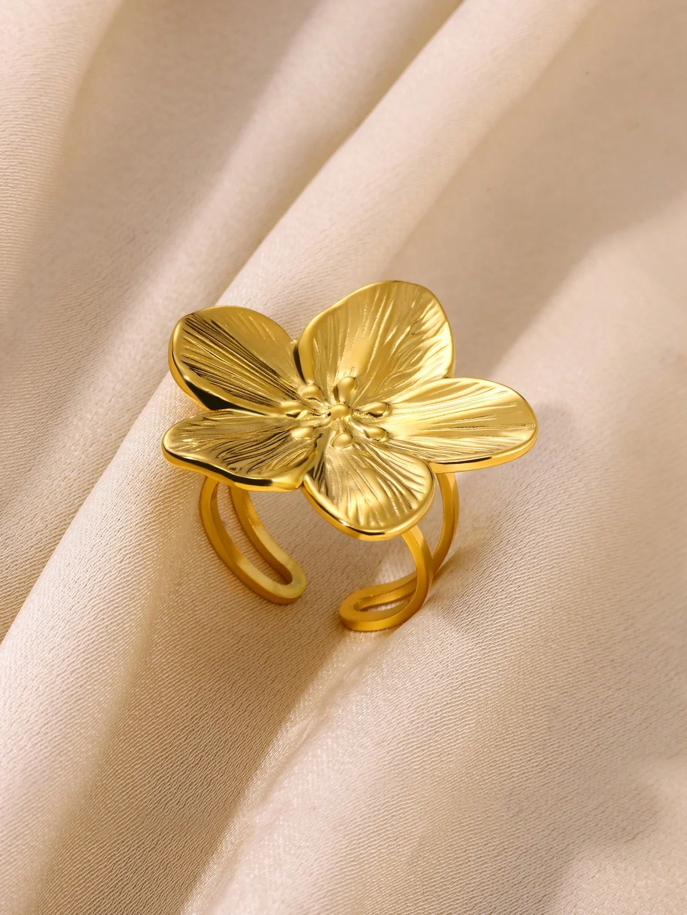 Vintage Large Flower Open Rings For Women Men Gold Color Stainless Steel Bud Ring Wedding Fashion Jewelry Accessories Gift