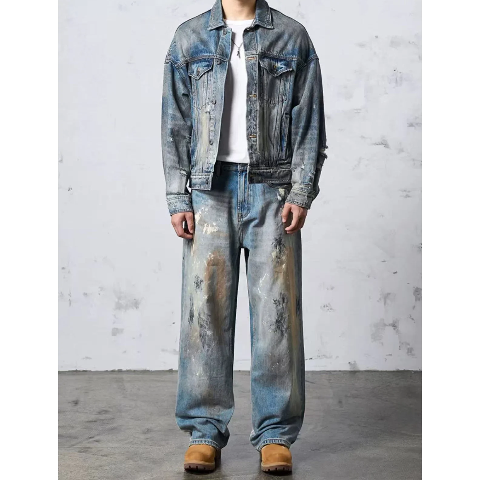 American Retro European and American Style Men's Jeans, Fashionable and Trendy, Distressed Vintage, Loose Fit, Large Size, Straight-Leg Pants