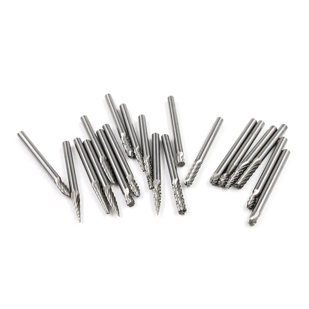 Carbide Burrs Set 1/8 Shank Diameter Double Cut Tungsten Carbide Burs Rotary File Carving Grinding Bit 20Pcs