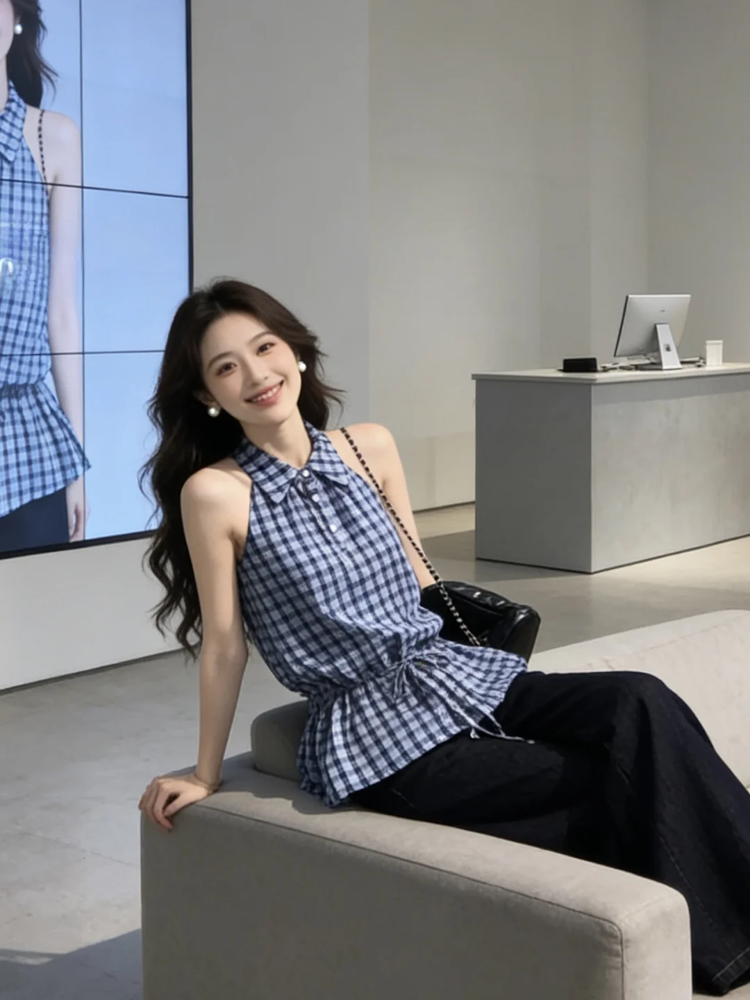 

Женская рубашка синего цвета в клетку, с завязками на шее и утягивающим шнурком на талии, летний топ без рукавов во французском стиле, хлопковый материал