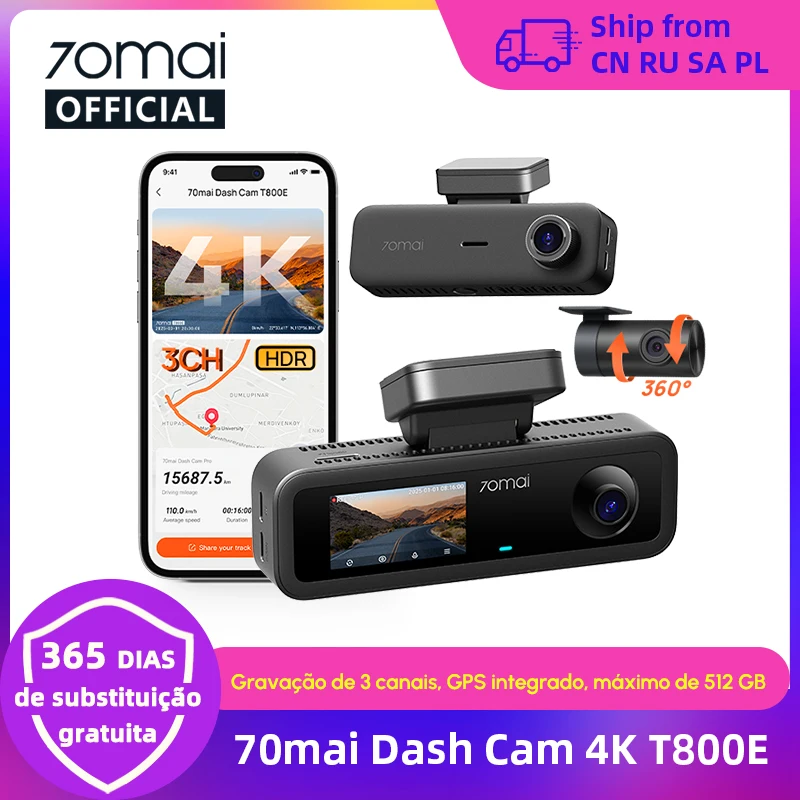 Câmera Veicular 70mai 4K T800E com 3 Canais (Frontal, Traseira e Interior) e Controle por Voz, Supercapacitor, GPS, DVR 4K