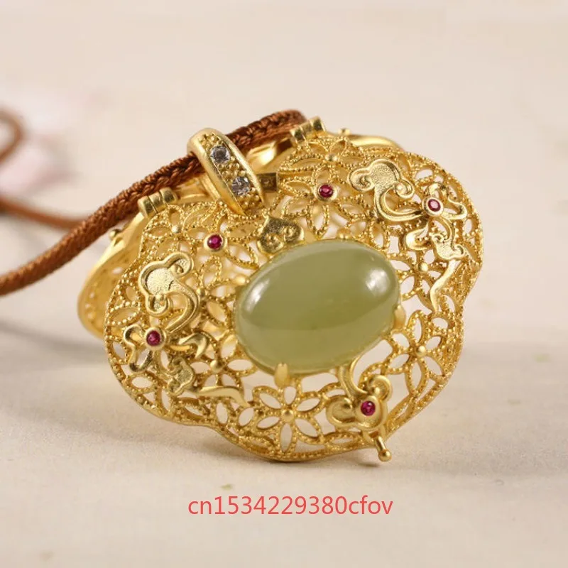 S925 Pure Silver Gold-plated Fragrant Bag Pendant Real Charm Vintage Amulets Luxury Necklace Carved Natural Stone Jewelry