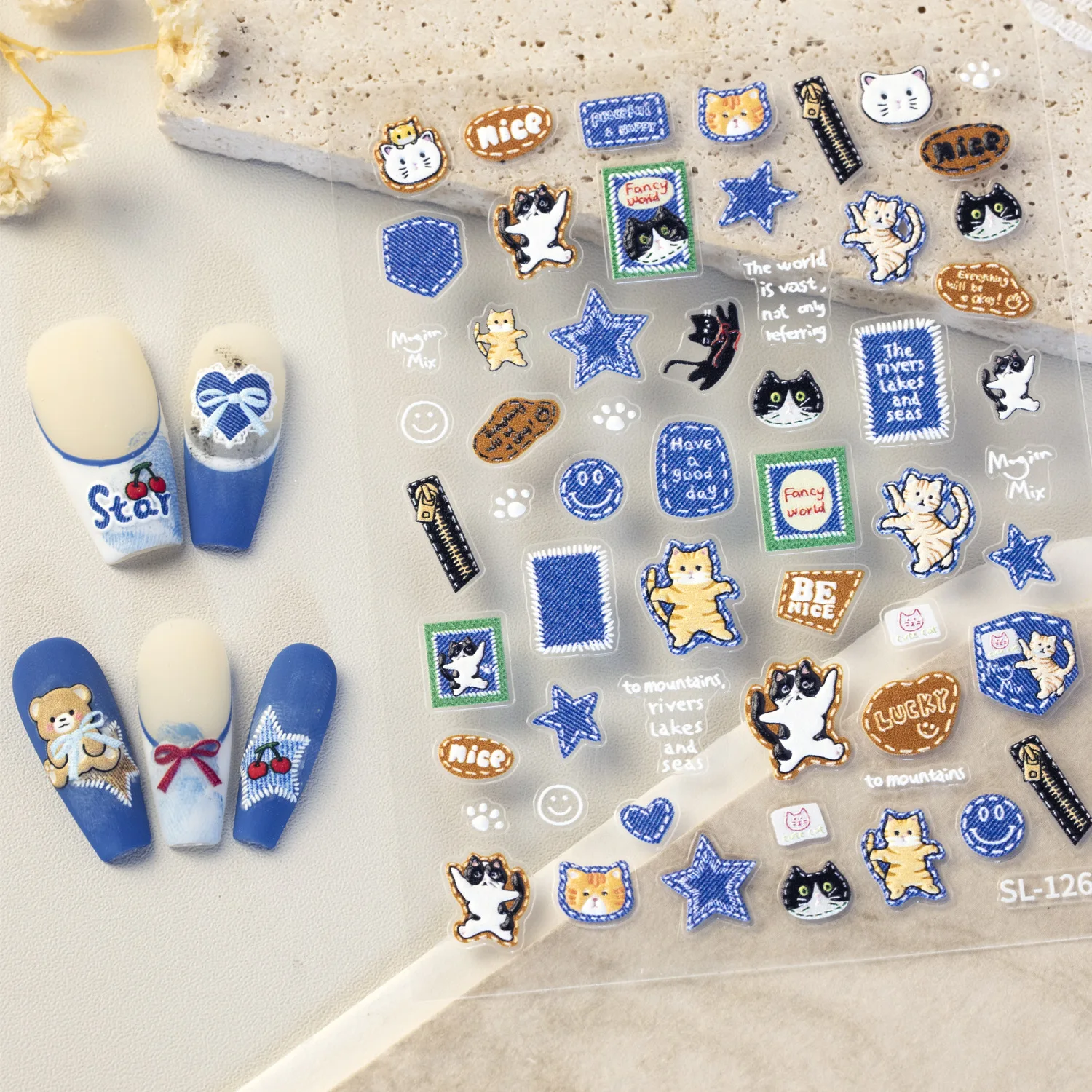 Pegatinas bonitas para decoración de uñas de gato vaquero, calcomanías para uñas de amor y estrella de gato vaquero azul, suministros para decoración de uñas en relieve 5D, decoraciones para manicura