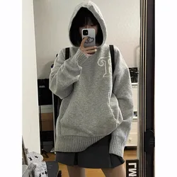 Gray Letter Graphic Hoodie Sweater Women Y2K Autumn Loose Korean Warm Knit Sweatshirt Bf Streetwear Oversize All Match Pullover