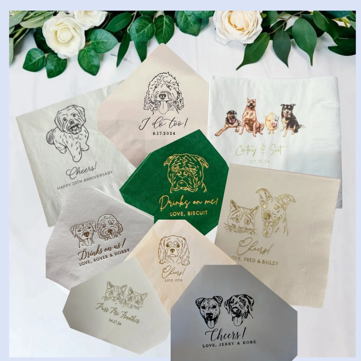 

Personalized Illustrated Dog Wedding Cocktail Napkins,Anniversary Party Rehearsal Dinner Pet Napkins,Birthday Bar Napkins,50Pcs