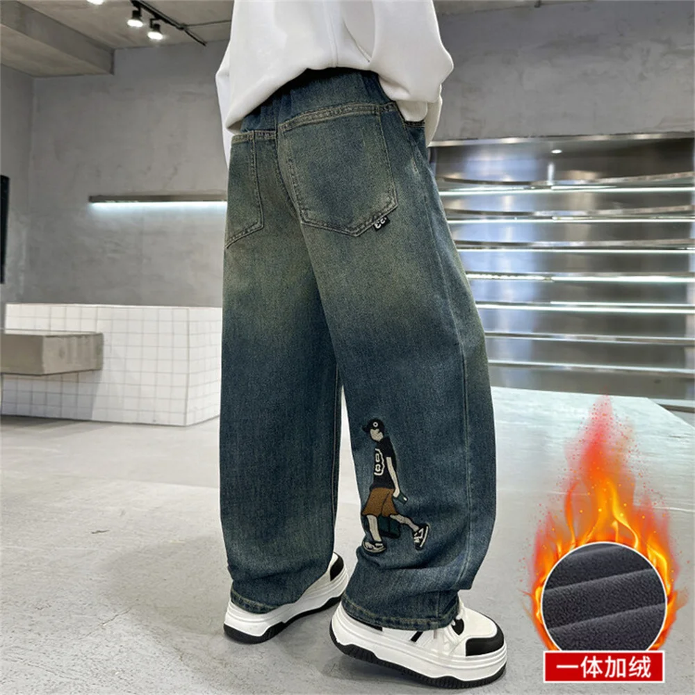 

24cj036 Winter Fashion Adding Velvet And Thickening Boys Jeans Wide Leg pants Boys Jeans Children's Pants Kid Jeans