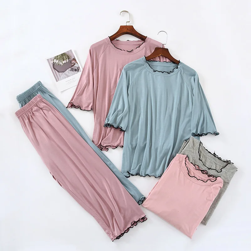 Large Size Modal Pajamas Women\'s Summer Home Clothes Solid Color Night Wear Suit Half Sleeve Capri Pants Set Ladies Sleepwear