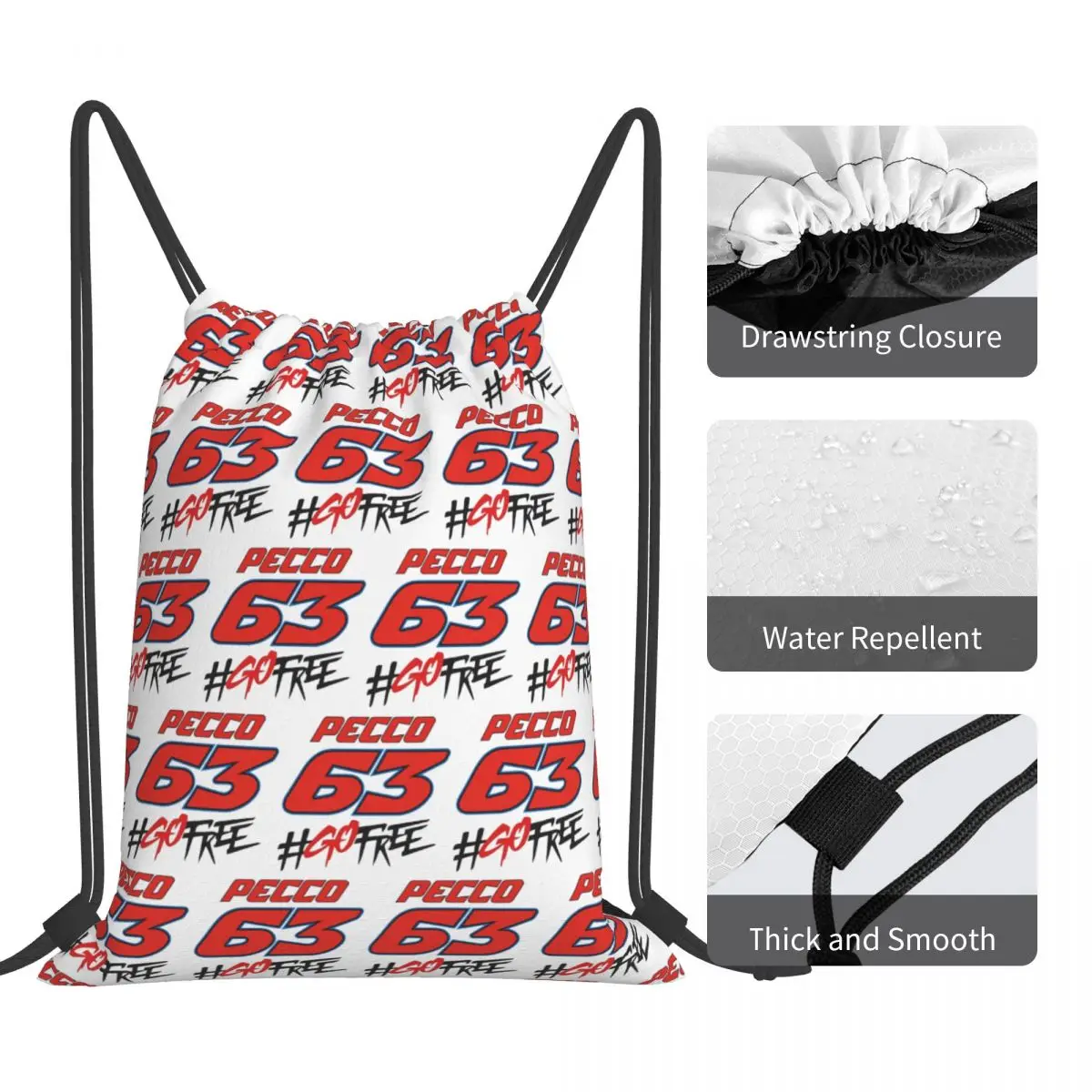 Pecco Bagnaia 63 Go Free バックパック カジュアル ポータブル 巾着バッグ スポーツバッグ ブックバッグ 旅行学生用