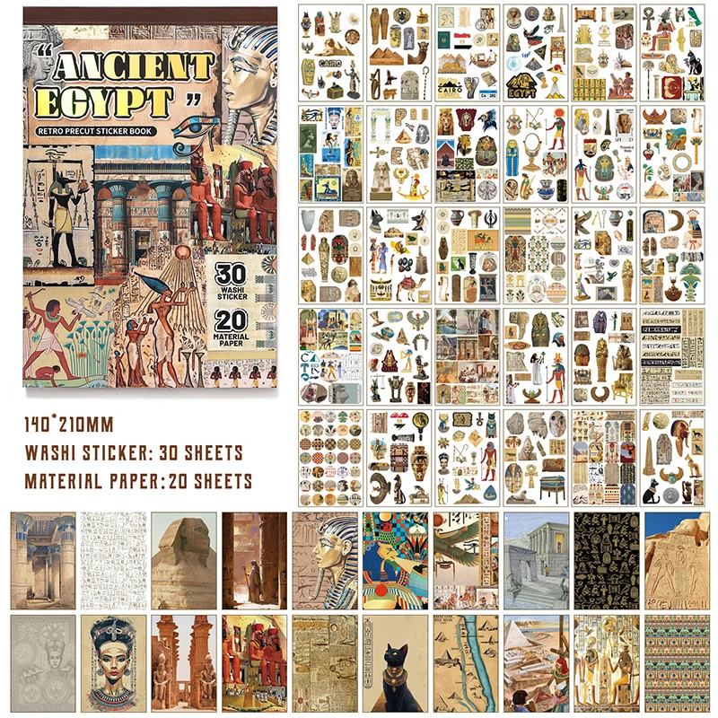 50 Sheets - Retro Material Sticker Book, Ancient Egyptian Ins Style Exquisite Die Cutting Decorative Stickers (30 Sheets of Japa