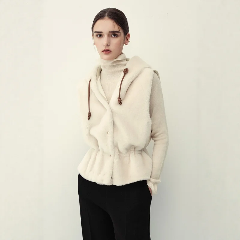 

Hooded Fur Vest Goose down Svel Top Coat Inteated Leather And Fur Warmth Conservation Regular Length Pure Color