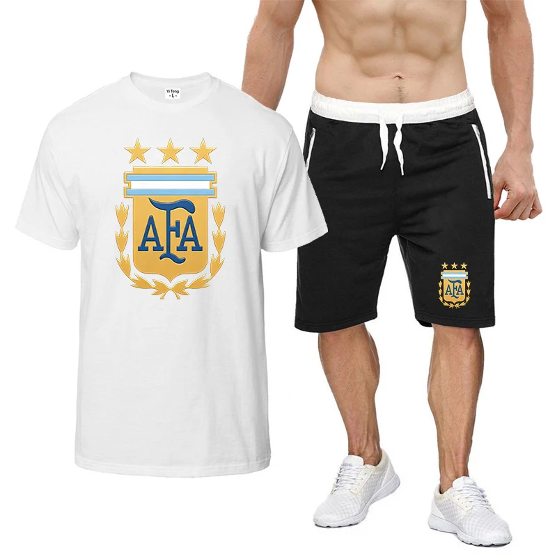Argentina Summer Men's Fashion Simple Fitness Two-piece Fashion Short Sleeve and Shorts Sets Size Casual Sportswear T shirt view 2