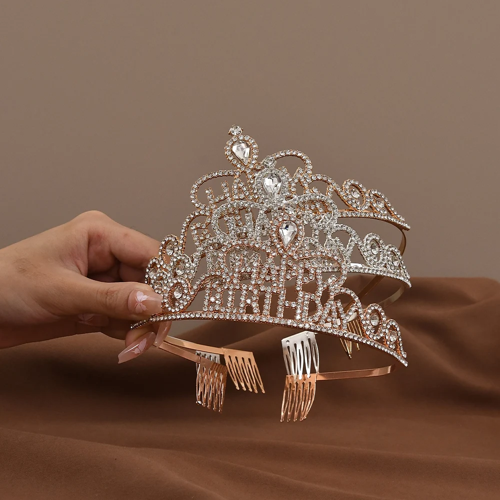 Simple Crystal Crowns Girls Happy Birthday Rhinestone Tiara Anniversary Hair Jewelry Accessories Decoration Supplies