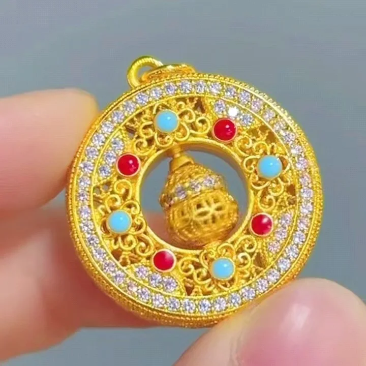 

Women's 24K Gold AU999 Crystal-Inset Rotating Hollow Gourd Pendant | Hammered-textured with silver braid chain, ethnic charm