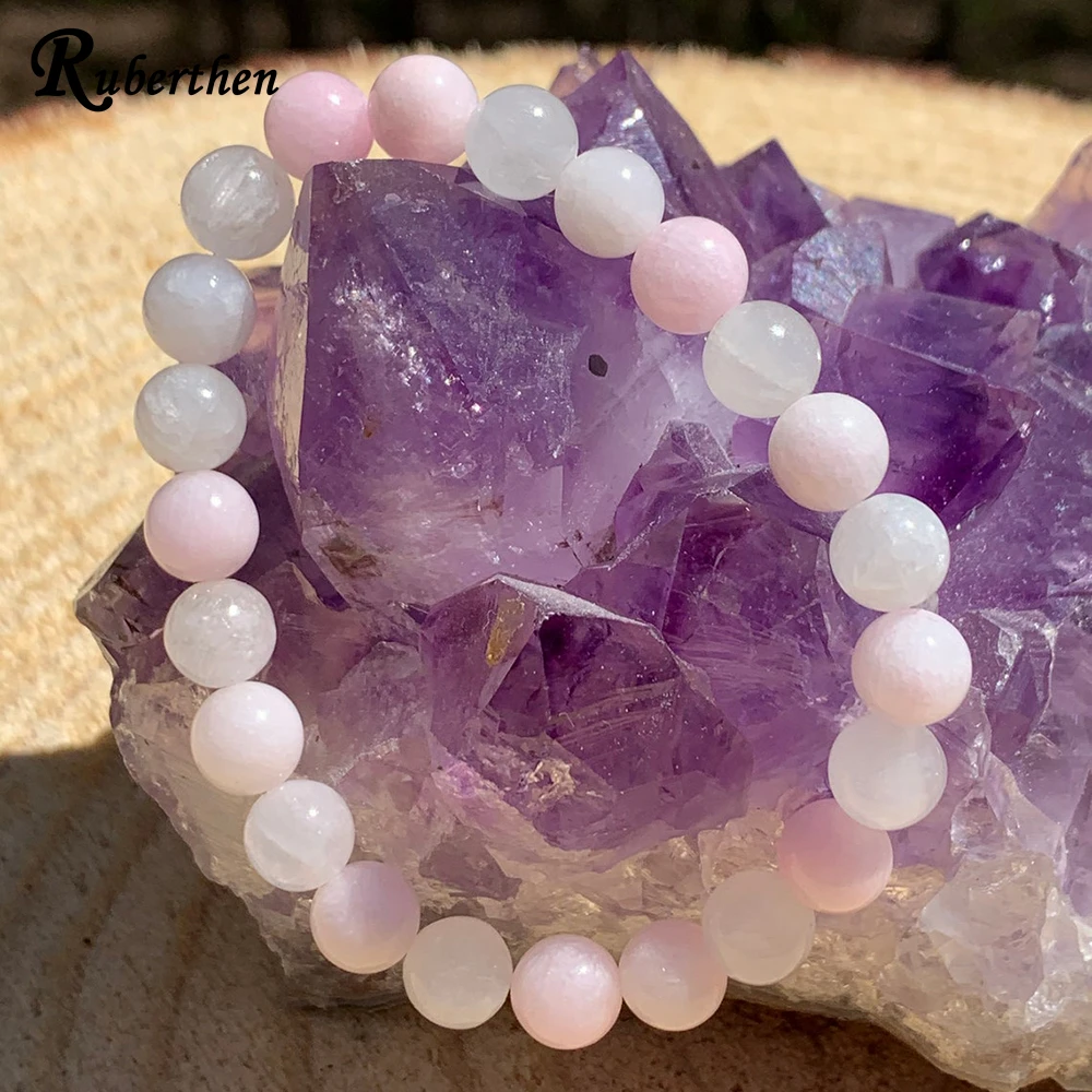 

Ruberthen 8 mm Natural Pink Mangano Calcite Bracelet Fashion Women`s Calming Stress Tension Jewelry Heart Chakra Wrist Mala