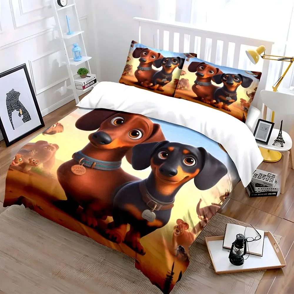3Pcs Dachshund Bedding Set, Cute Cartoon Wiener Dogs Print Duvet Cover + 2 Pillowcases, Large-sized home decor, gifts