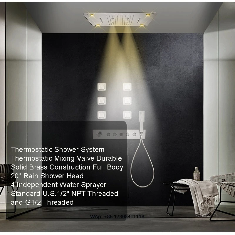 Rain Waterfall Shower Head Set Brushed Grey Brass Thermostatic Shower System 58 * 38cm Bathroom Apartment Massage Jet Suspension