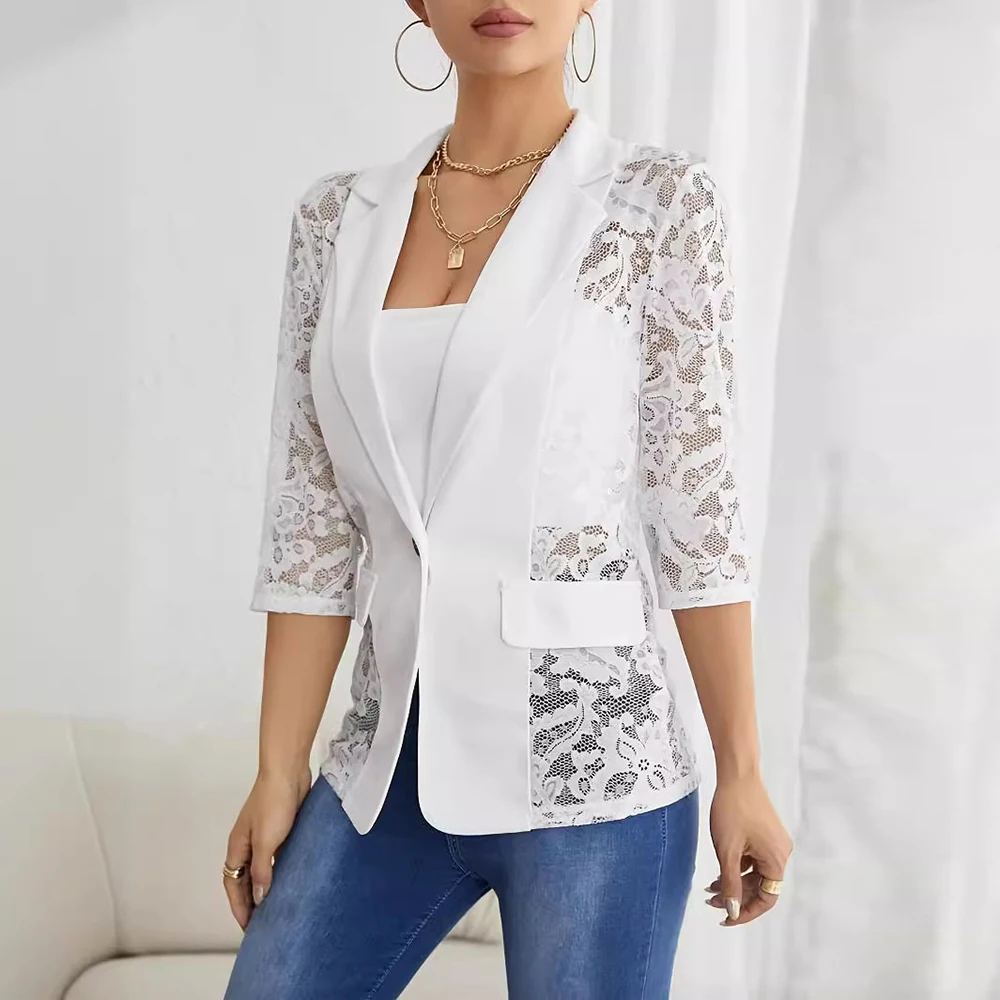 Cakrisyal Vrouwen Kanten Blazer Pak Elegante Lange Mouw See-through Slim Single-breasted 2025, Herfst Mode Bovenkleding jassen