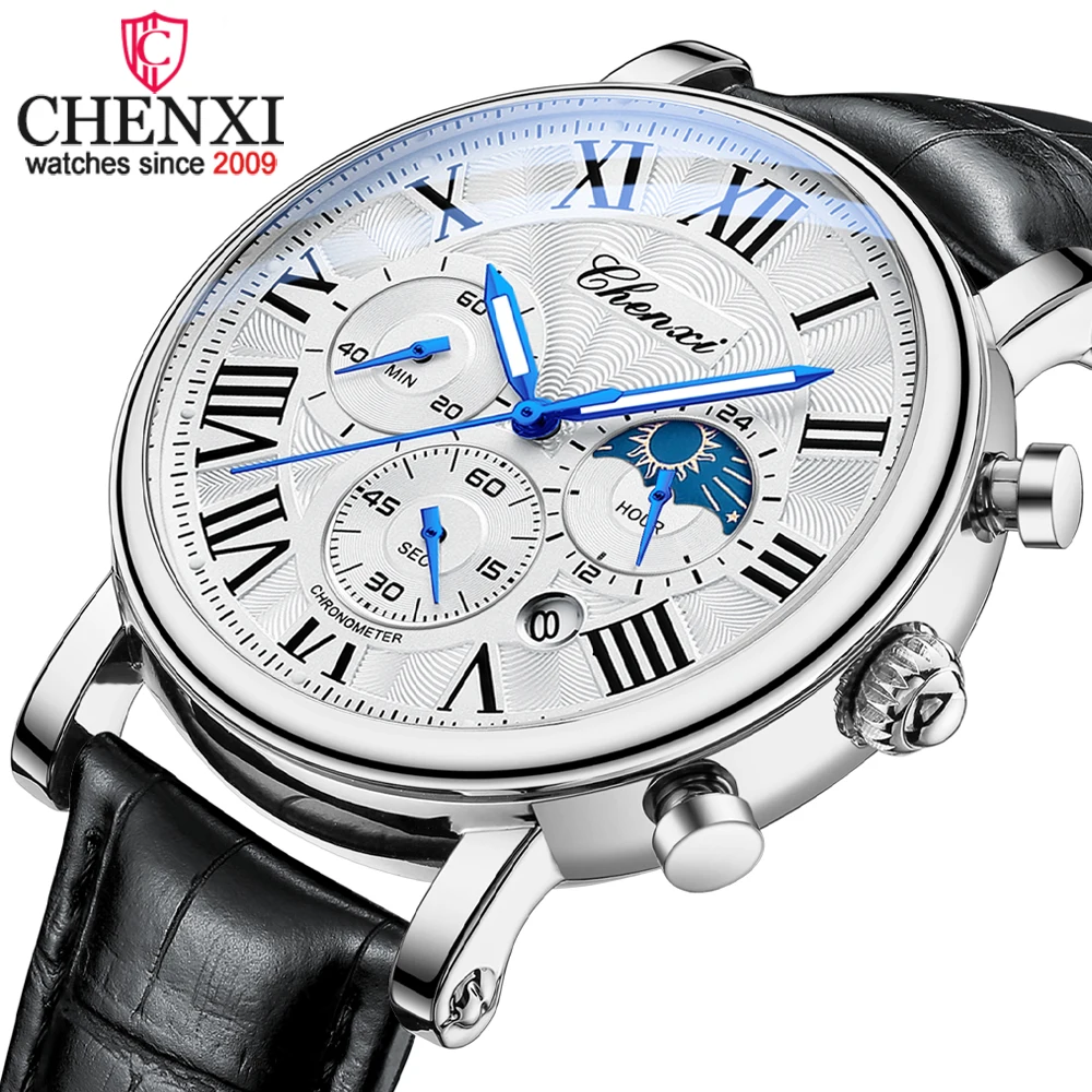 CHENXI New Chronograph Quartz Watch for Men Moon Phase Date Dial Clock Top Brand Male Leather Waterproof Luminous Wristwatch