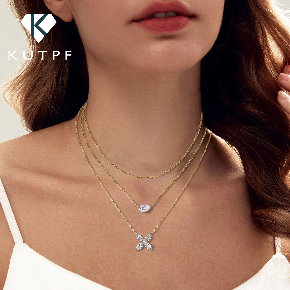 Butterfly Waterdrop Shape Moissanite Layered Necklace with Certificate 925 Sterling Silver Diamond Pendant Neck Chain for Women