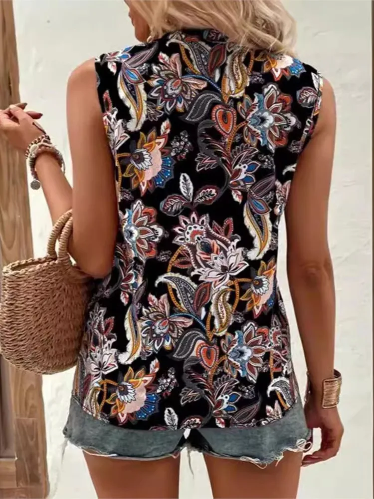 Elegant Blouses Women's New Summer Style Fashion Vintage Print V-neck Sleeveless Vest Top Streetwear Women Shirts Casual Clothes