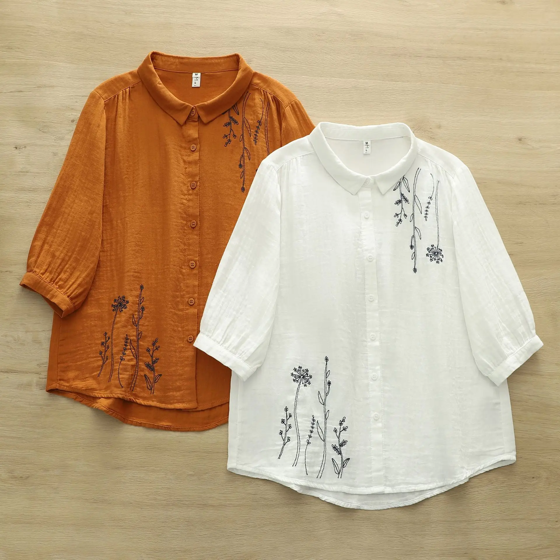 トップス MORI 2026 Mori girl summer Japanese style cotton yarn white orange art